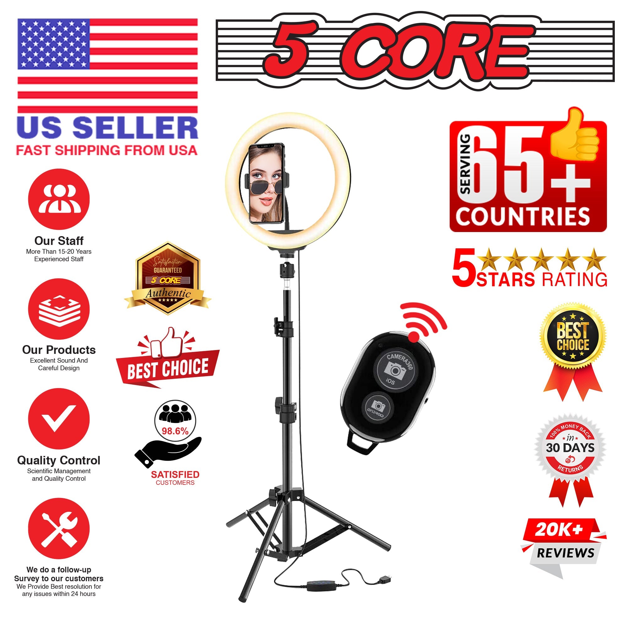 5 Core 12" Selfie LED Circle Light with 67" Adjustable Tripod Stand &