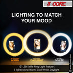 5 Core 12" Selfie LED Circle Light with 67" Adjustable Tripod Stand &