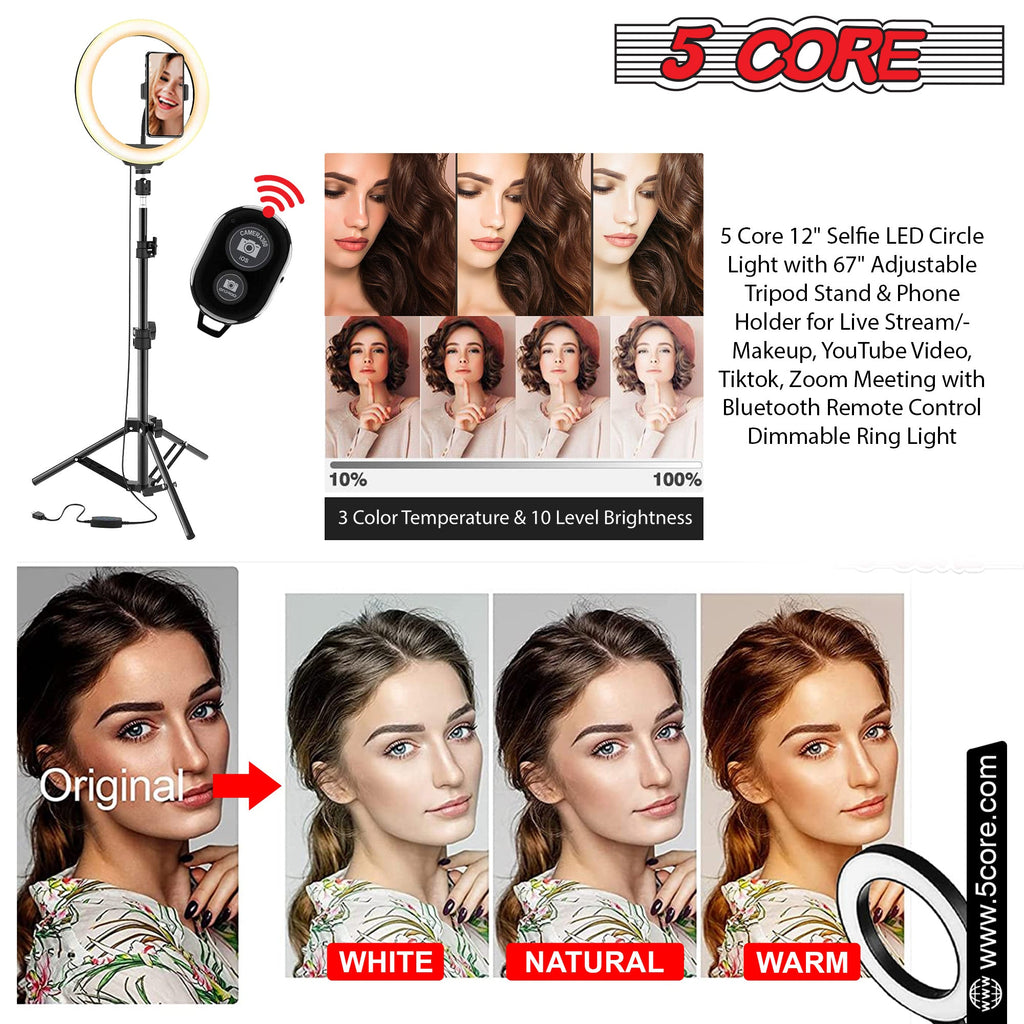 5 Core 12" Selfie LED Circle Light with 67" Adjustable Tripod Stand &