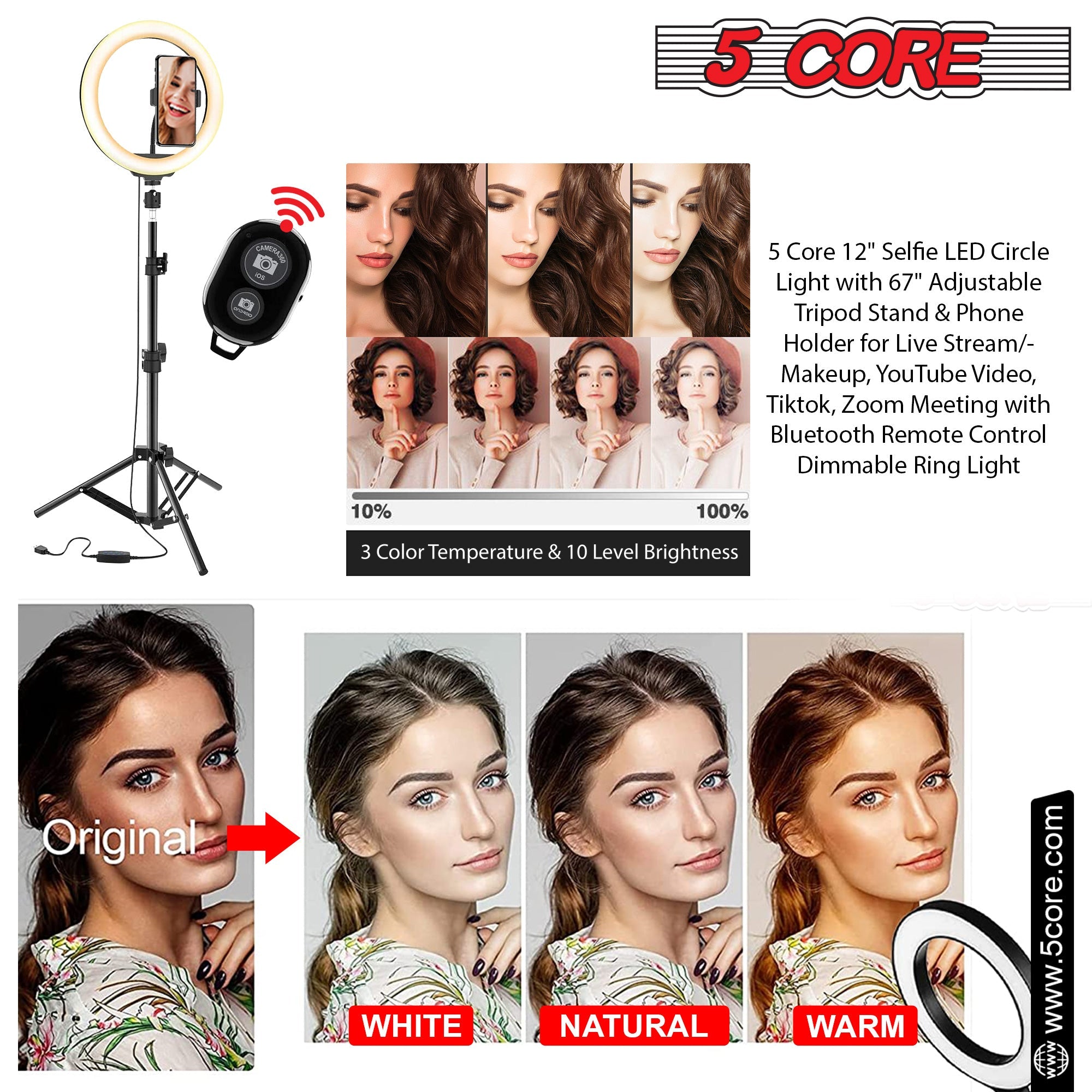 5 Core 12" Selfie LED Circle Light with 67" Adjustable Tripod Stand &