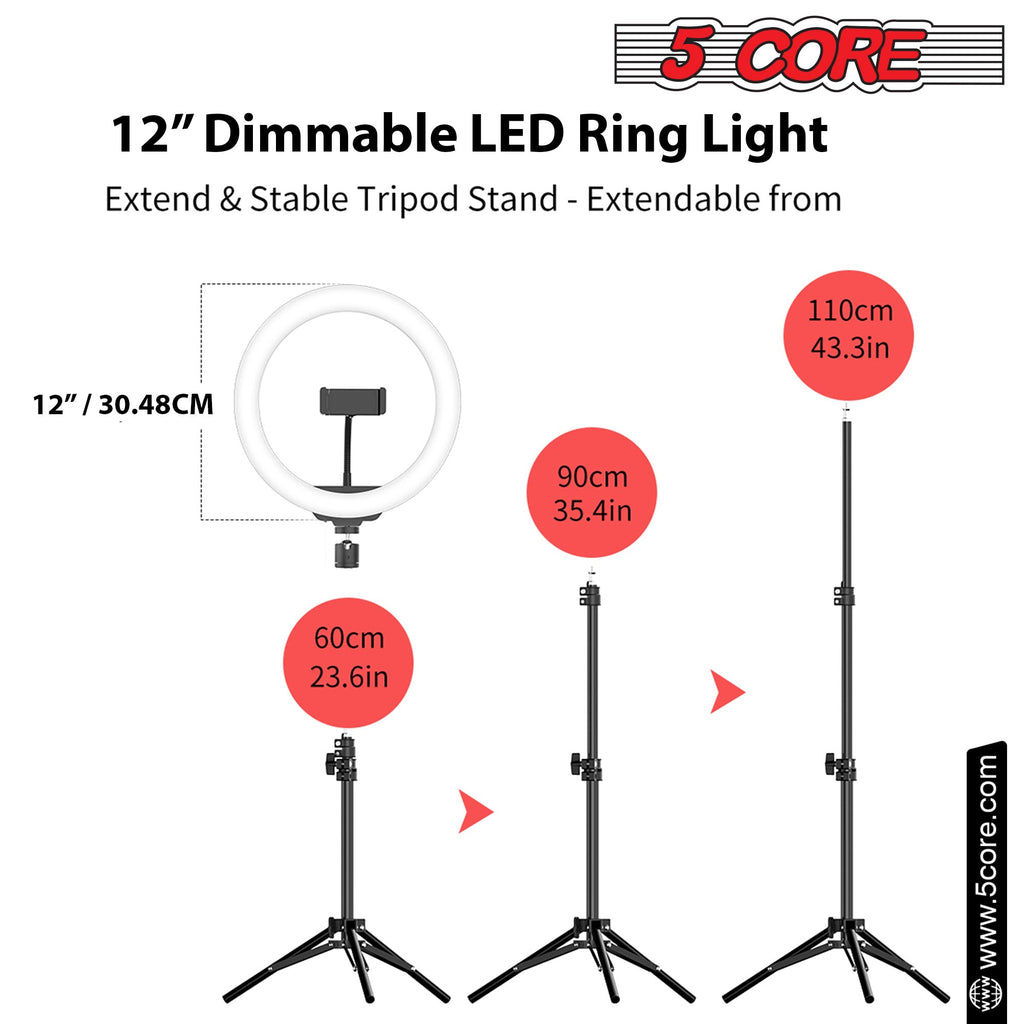 5 Core 12" Selfie LED Circle Light with 67" Adjustable Tripod Stand &