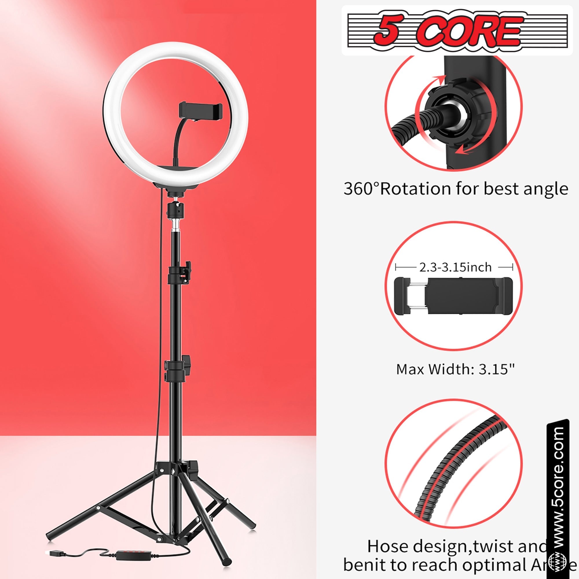 5 Core 12" Selfie LED Circle Light with 67" Adjustable Tripod Stand &